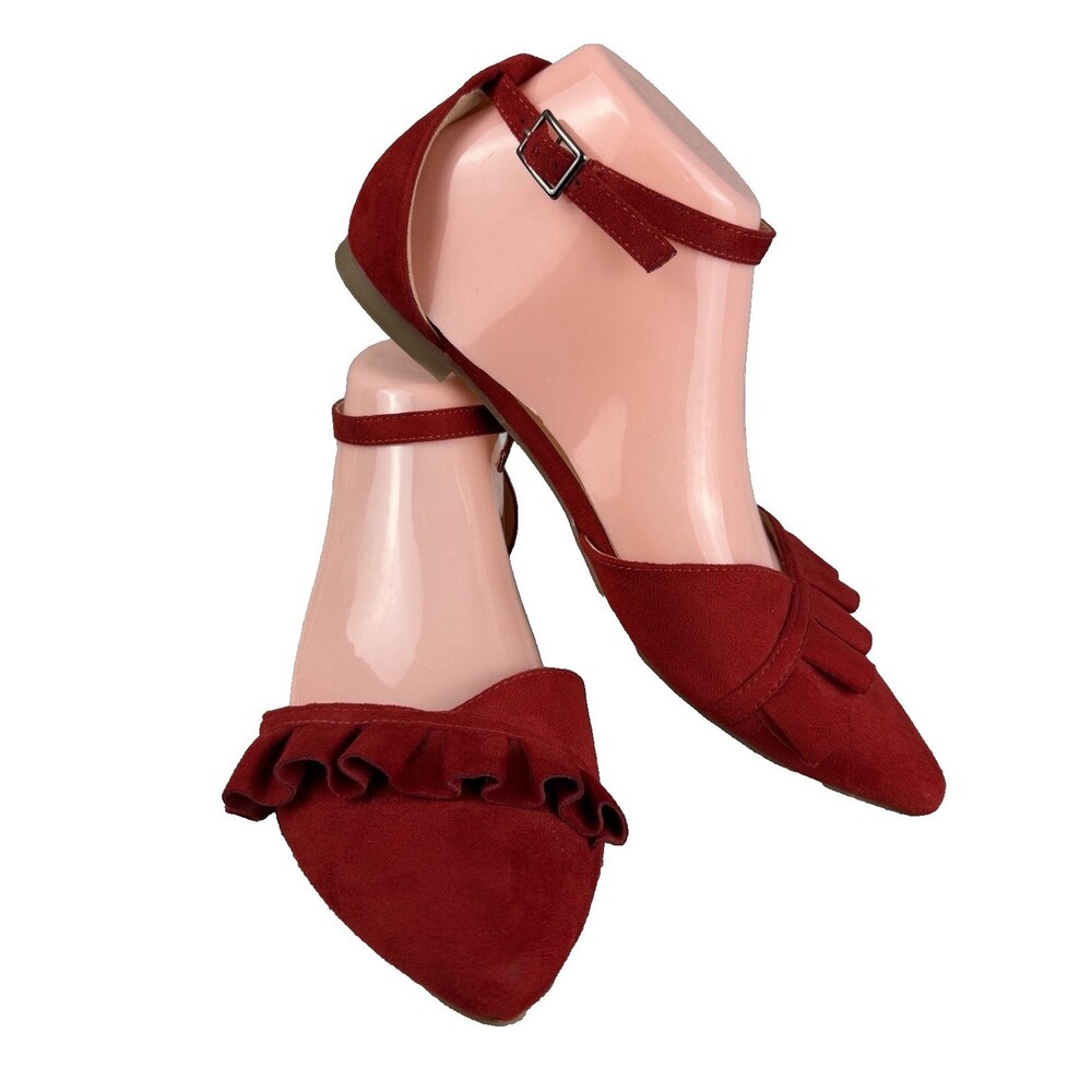 Red Ruffled D'Orsay Flats Size 7.5 Pointed Toe Faux Suede Shoes with Ankle Strap
